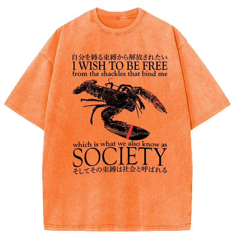 Modecanvas I Wish To Be Free Lobster DTG Printing Washed T-Shirt-modecanvas