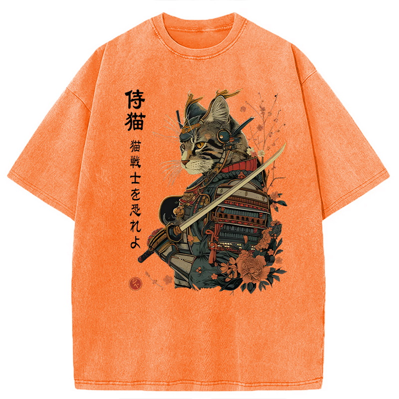 Modecanvas Samurai Cat Japanese Art DTG Printing Washed T-Shirt-modecanvas