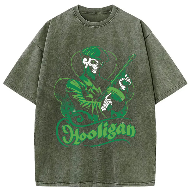 Modecanvas Hooligan Green Skeleton DTG Printing Washed T-Shirt-modecanvas