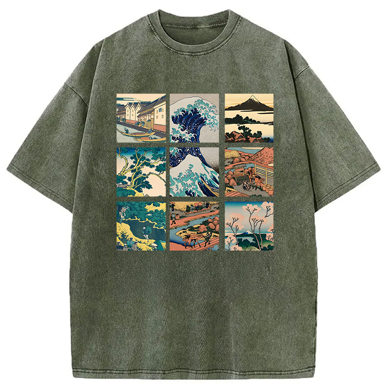Modecanvas Thirty Six Views Of Mount Fuji DTG Printing Washed T-Shirt-modecanvas