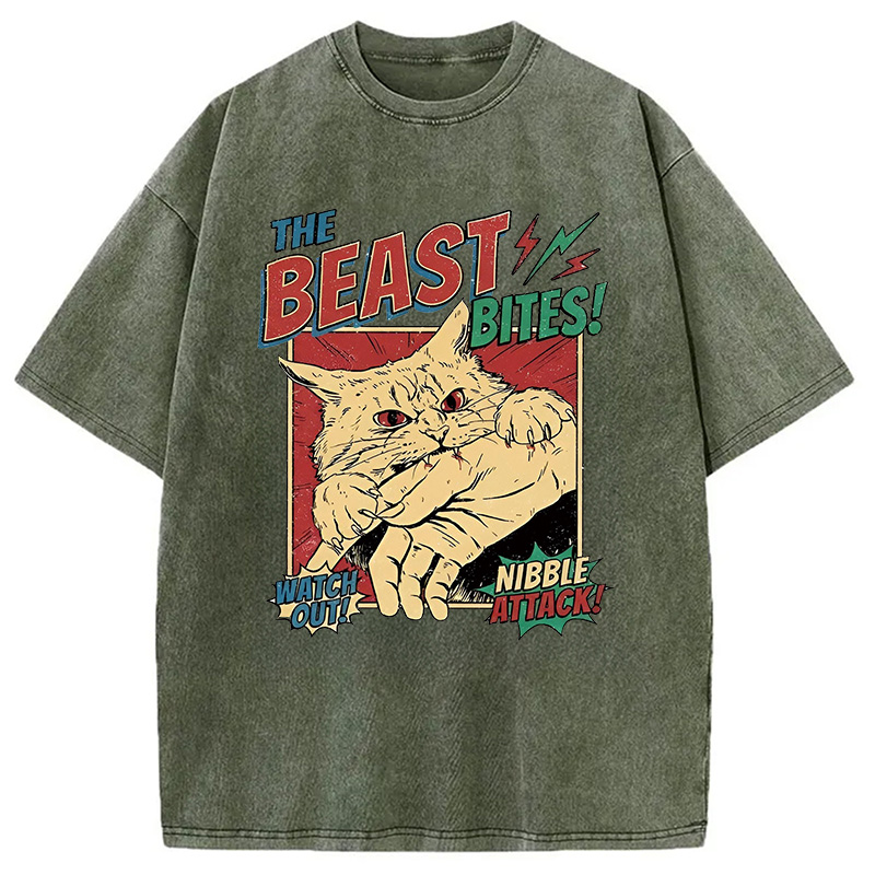 Modecanvas Vintage Horror Cat Bite DTG Printing Washed T-Shirt-modecanvas
