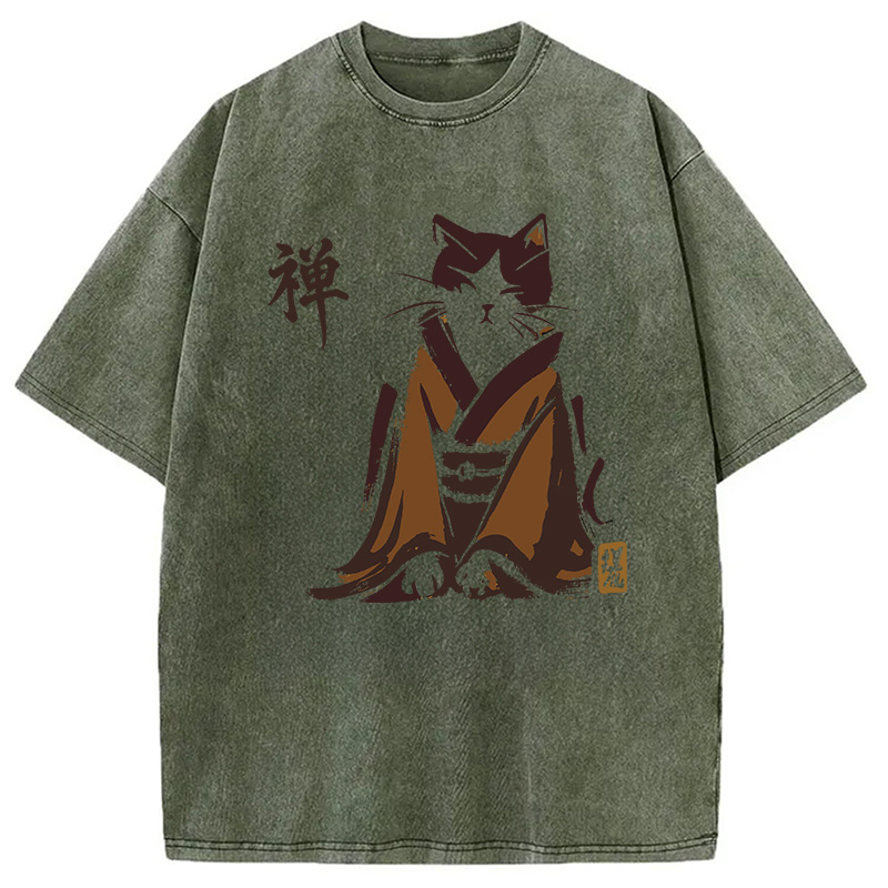 Modecanvas Zen Cat Kimono DTG Printing Washed T-Shirt-modecanvas