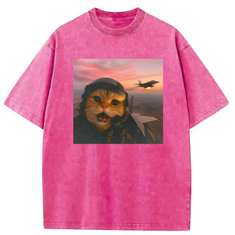 Modecanvas Funny Fighter Pilot Cat DTG Printing Washed T-Shirt