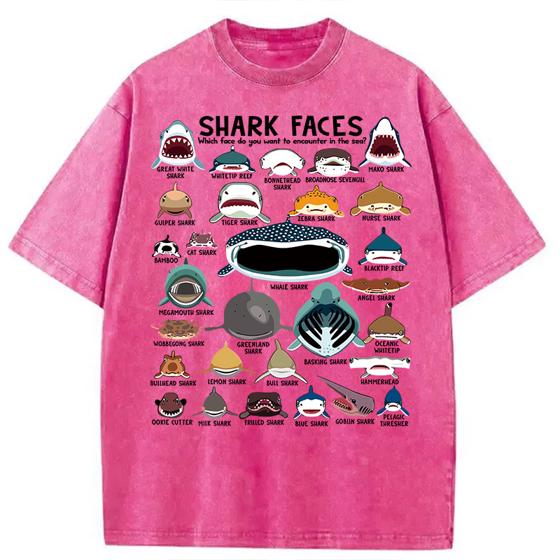 Modecanvas Shark Faces Marine Sea Life DTG Printing Washed T-Shirt
