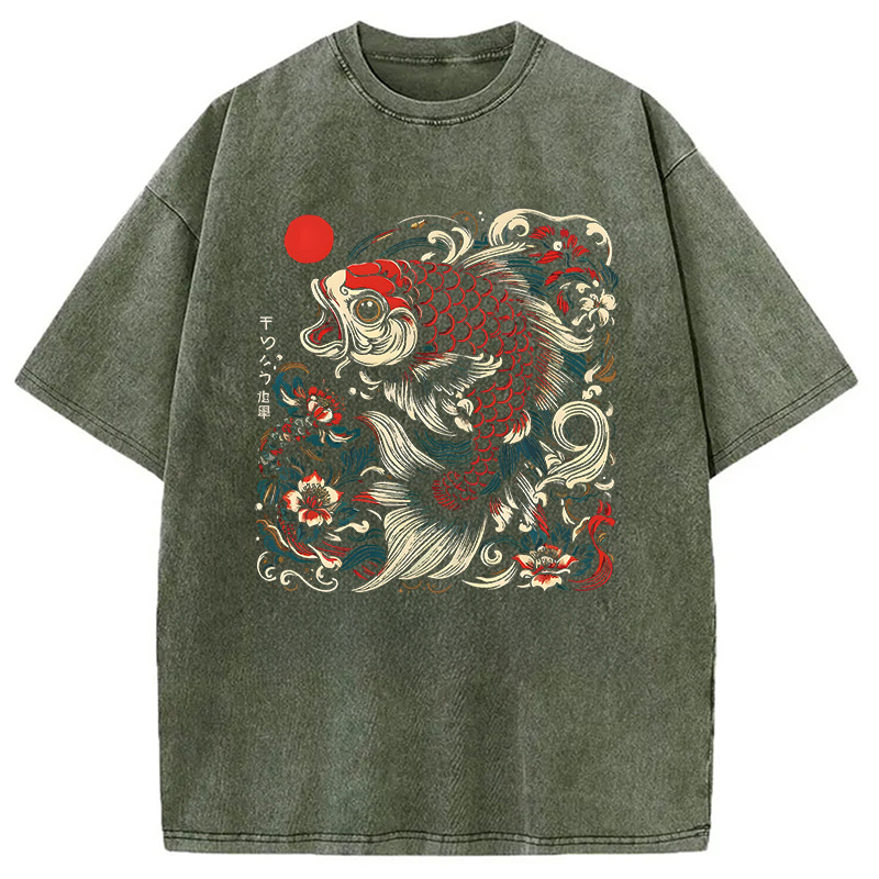 Modecanvas Japanese Koi Fish DTG Printing Washed T-Shirt