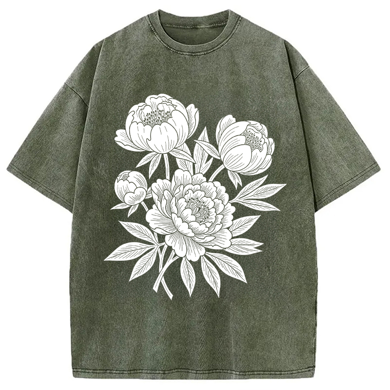 Modecanvas Linocut Floral DTG Printing Washed T-Shirt