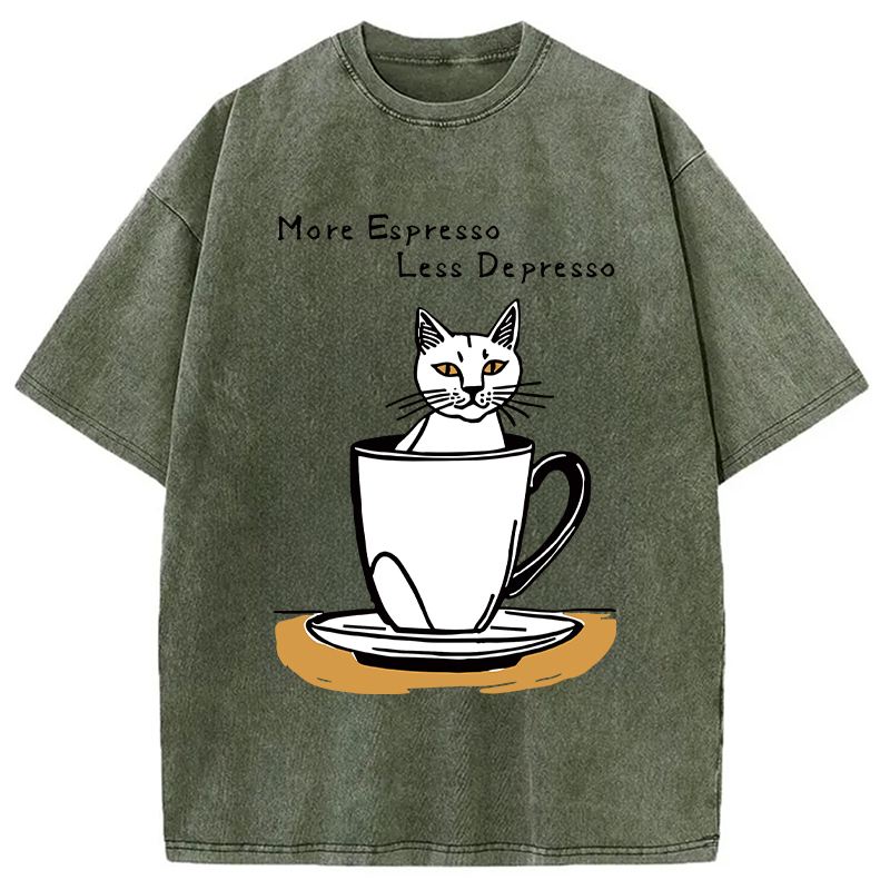 Modecanvas More Espresso Coffee Cat DTG Printing Washed T-Shirt