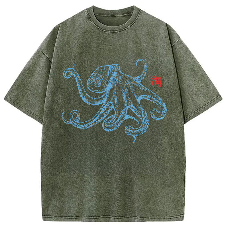 Modecanvas Octopus Retro Japanese DTG Printing Washed T-Shirt