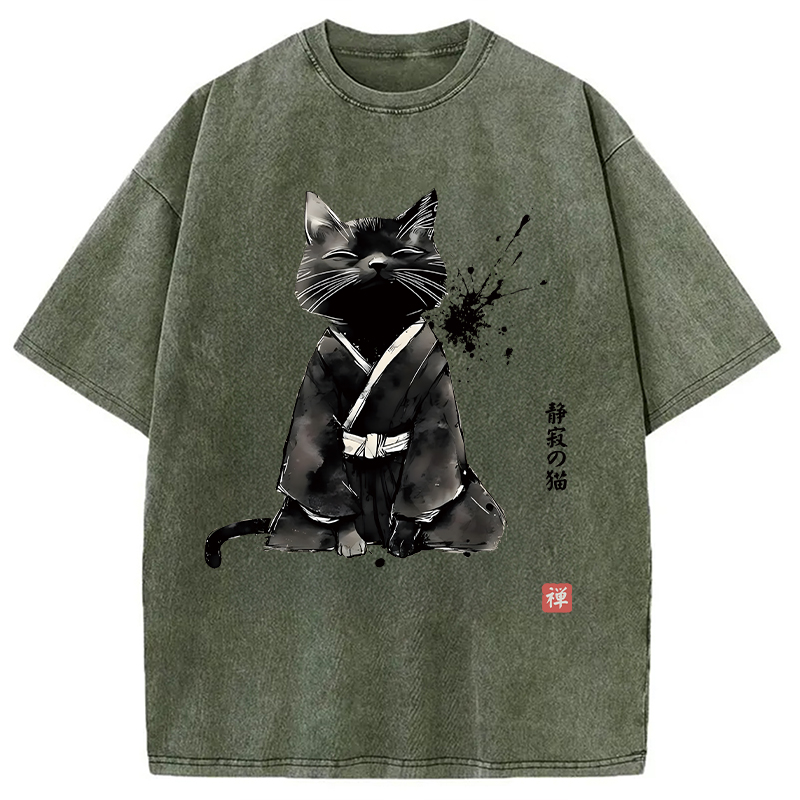 Modecanvas Zen Cat Japanese DTG Printing Washed T-Shirt