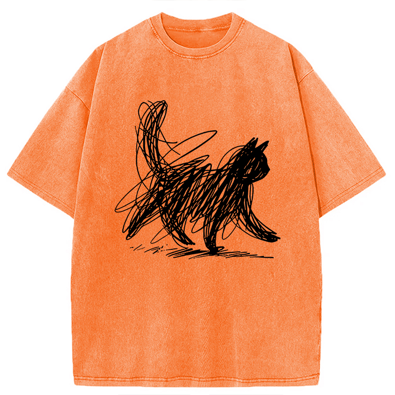 Modecanvas Scribble Cat Minimal Washed T-Shirt-modecanvas