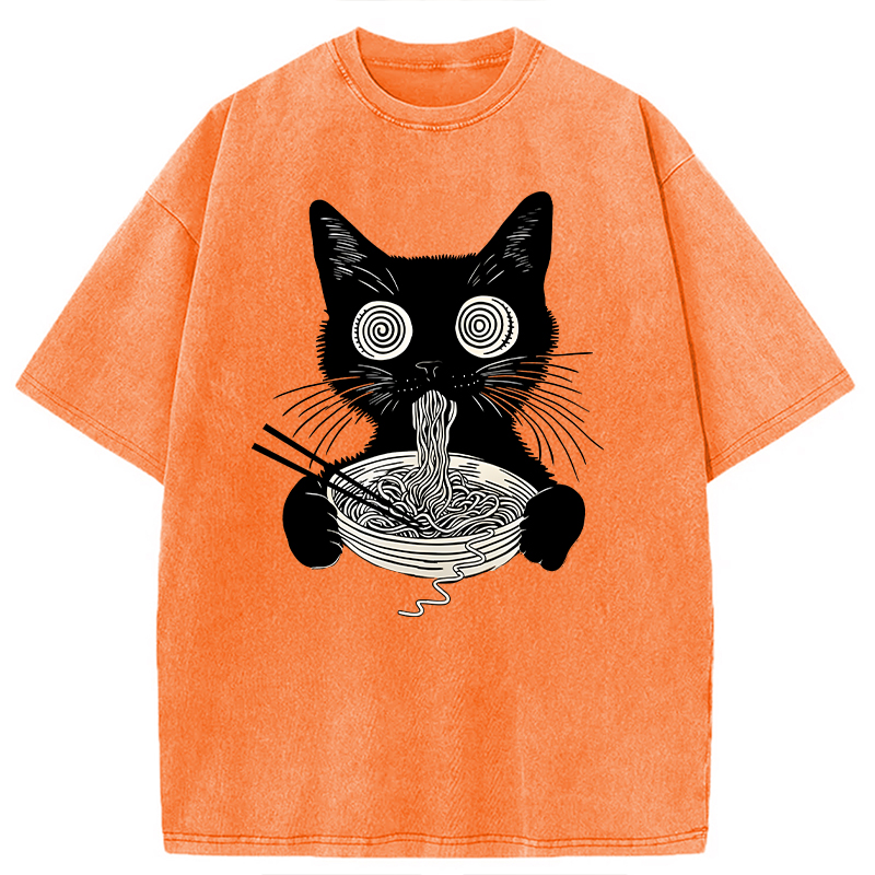 Modecanvas Psychedelic Ramen Cat DTG Printing Washed T-Shirt