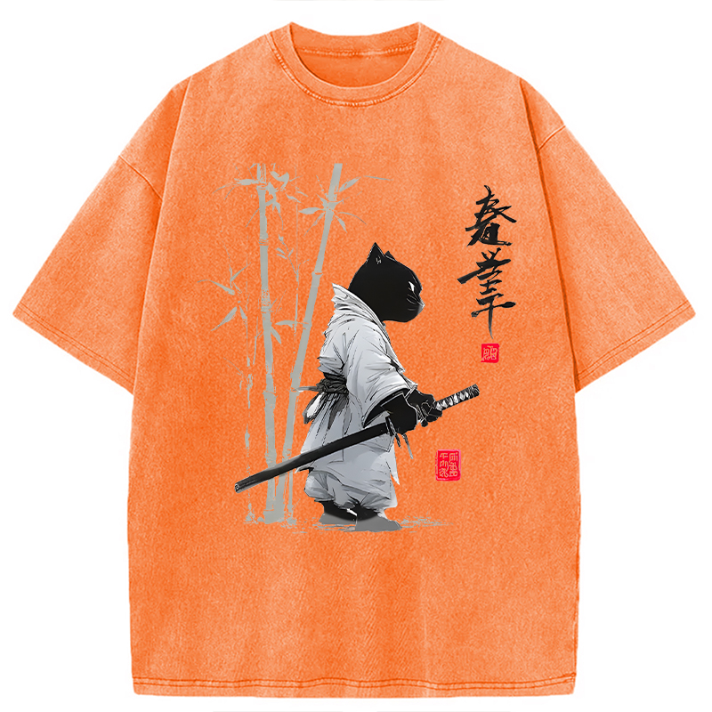 Modecanvas Samurai Cat Japanese Kanji DTG Printing Washed T-Shirt