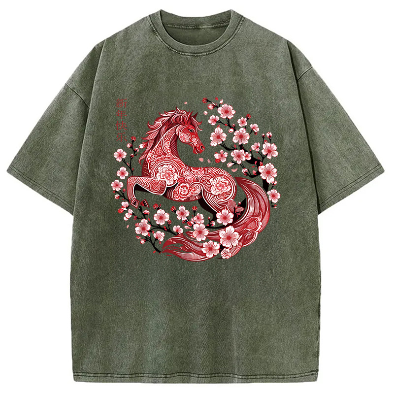 Modecanvas Chinese Horse New Year DTG Printing Washed T-Shirt