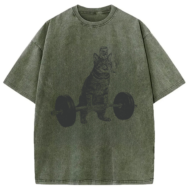 Modecanvas Funny Deadlift Cat Washed T-Shirt-modecanvas