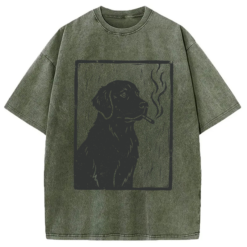 Modecanvas Smoking Labrador Linocut DTG Printing Washed T-Shirt