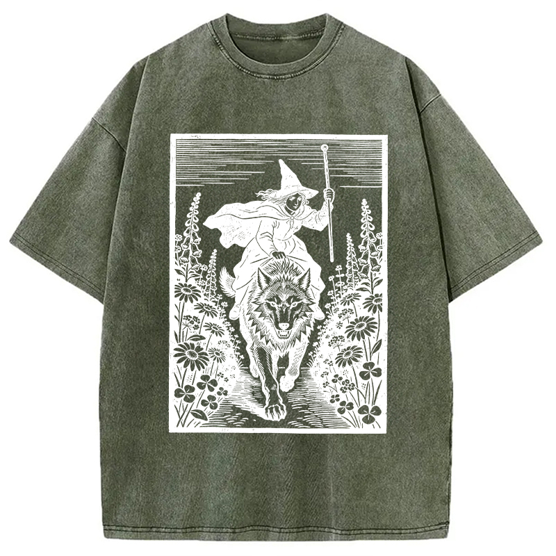 Modecanvas Witch Riding Wolf DTG Printing Washed T-Shirt