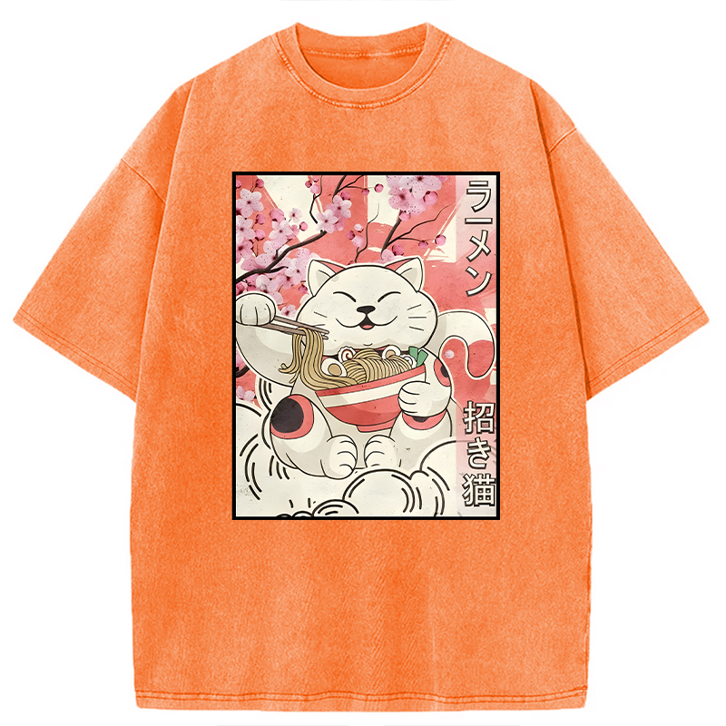 Modecanvas Japanese Noodles Maneki Neko Cat Ramen Meme DTG Printing Washed T-Shirt