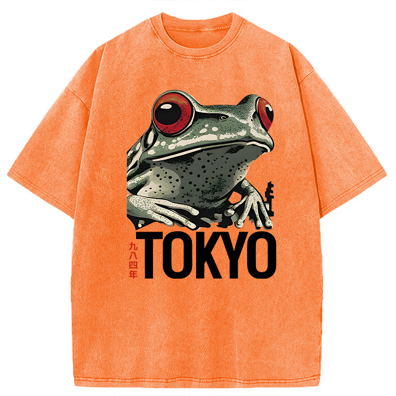 Modecanvas Retro Tokyo Frog DTG Printing Washed T-Shirt