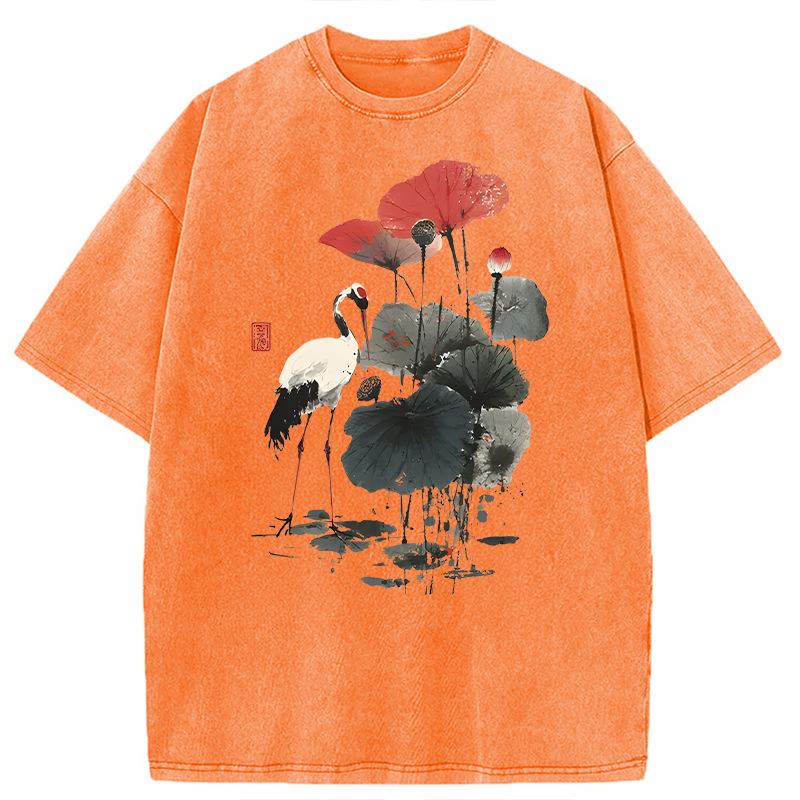 Modecanvas White Crane Among Lotus DTG Printing Washed T-Shirt