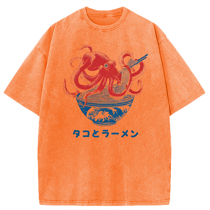 Modecanvas Octopus Eating Ramen DTG Printing Washed T-Shirt