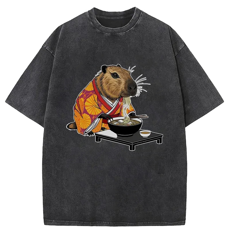 Modecanvas Cute Capybara Eating Ramen Washed T-Shirt