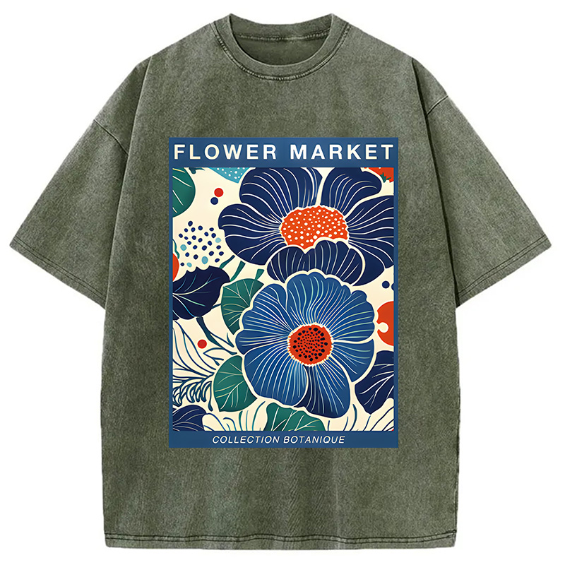 Modecanvas Blue Flowers Botanical Art DTG Printing Washed T-Shirt
