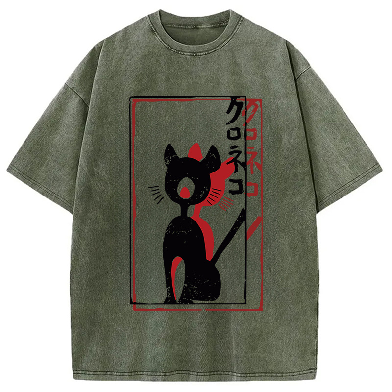 Modecanvas Japanese Retro Black Cat Poster DTG Printing Washed T-Shirt
