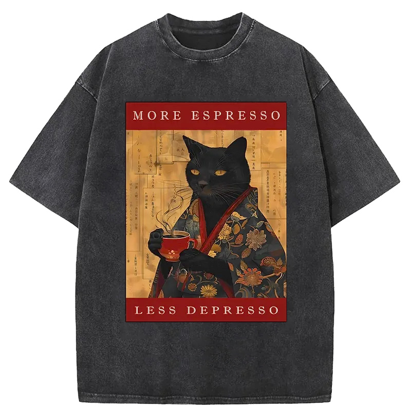 Modecanvas More Espresso Less Depresso Cat Washed T-Shirt