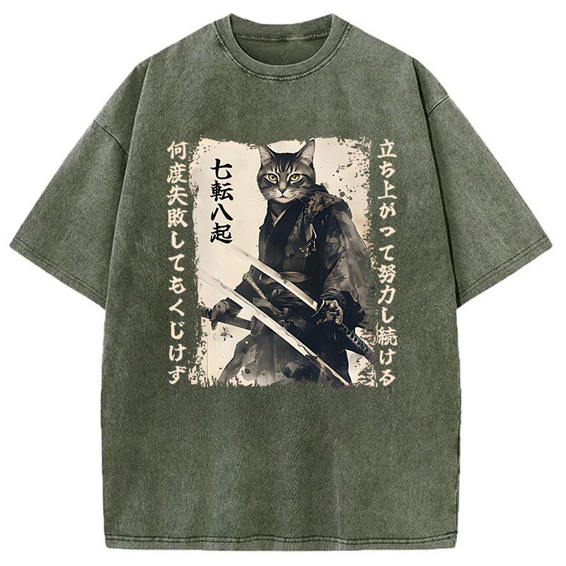 Modecanvas Samurai Japanese Cat DTG Printing Washed T-Shirt