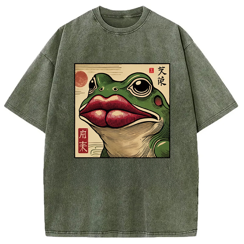 Modecanvas Funny Japanese Ukiyo-e Frog Washed T-Shirt