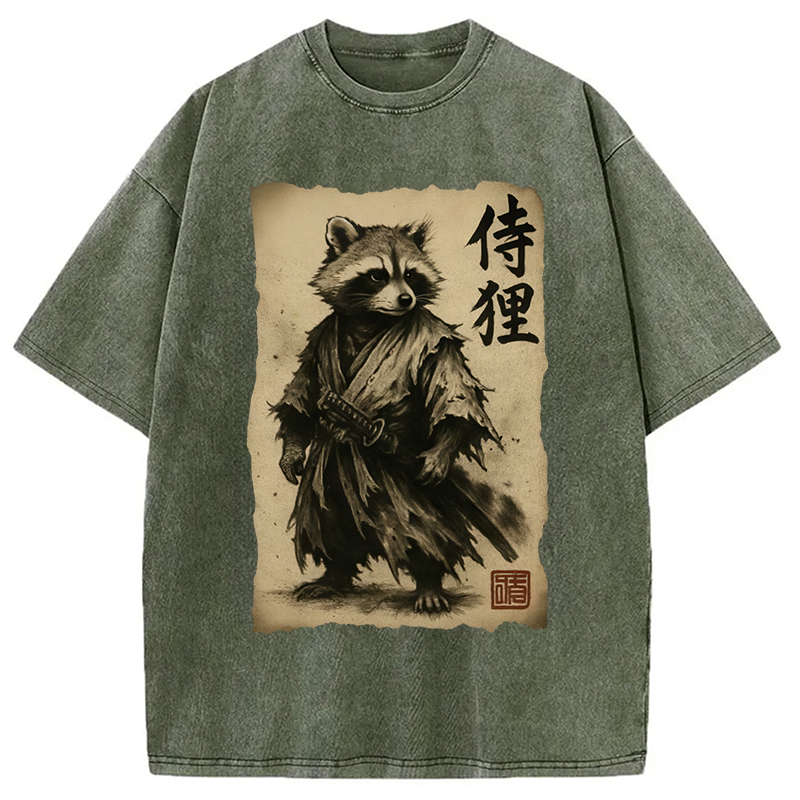 Modecanvas Samurai Raccoon Washed T-Shirt-modecanvas
