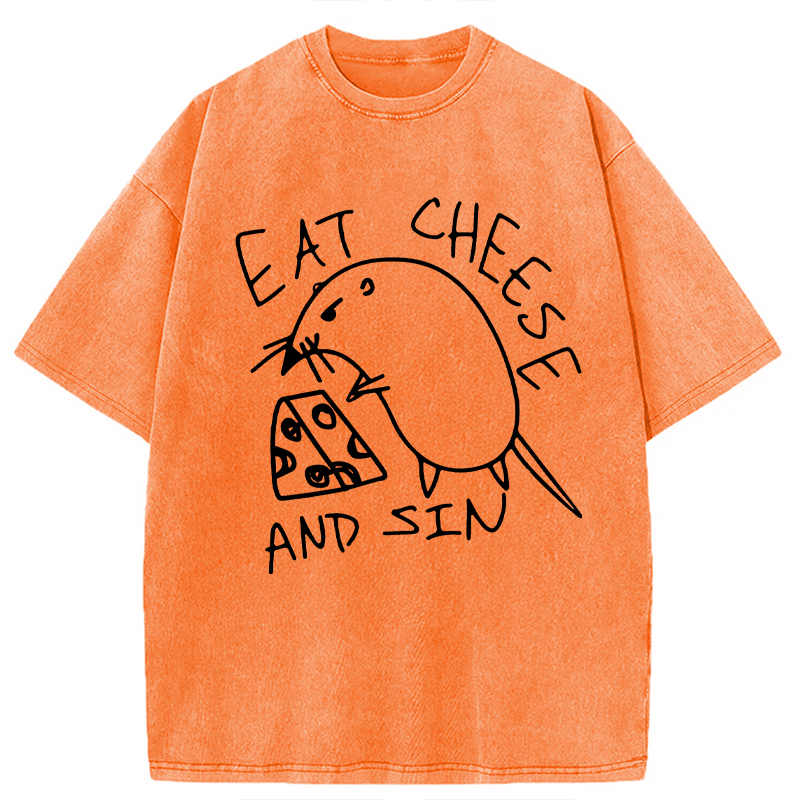 Modecanvas Eat Cheese And Sin Meme Washed T-Shirt-modecanvas