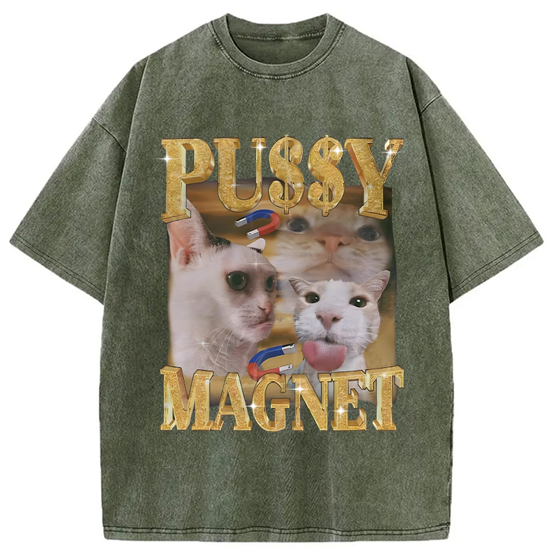 Modecanvas Ironic PUSSY MAGNET Cat Meme DTG Printing Washed T-Shirt
