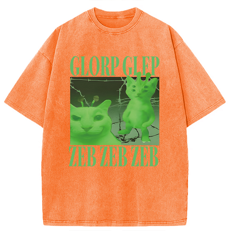 Modecanvas Green Alien Cat Meme DTG Printing Washed T-Shirt