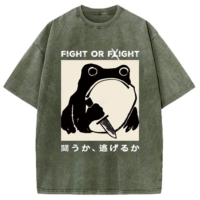 Modecanvas Fight Or Flight Funny Frog Japanese Washed T-Shirt