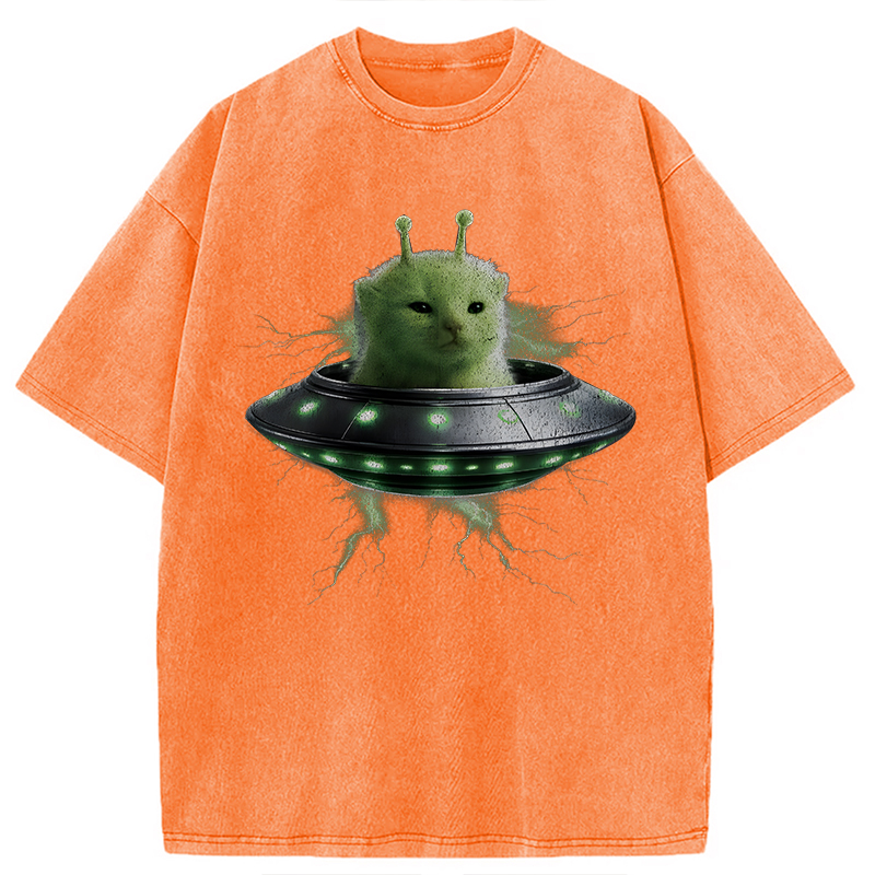 Modecanvas UFO Alien Cat DTG Printing Washed T-Shirt
