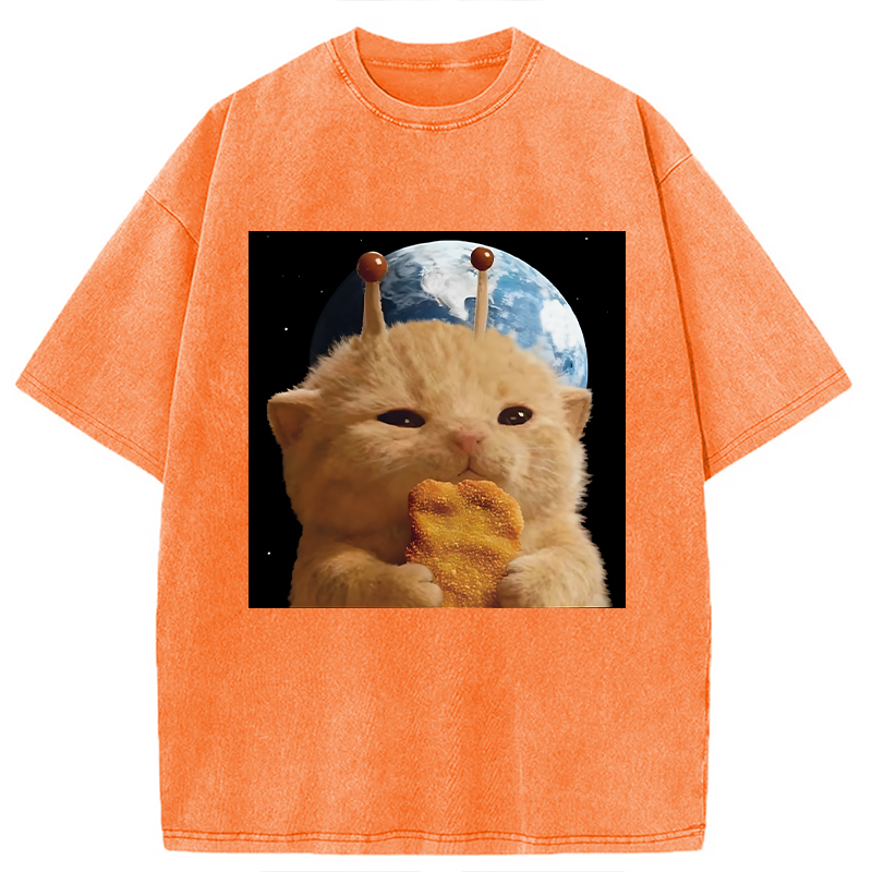 Modecanvas Space Chicken Nugget Alien Cat DTG Printing Washed T-Shirt