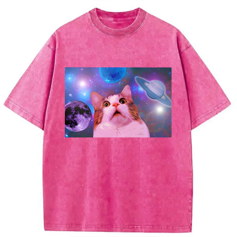 Modecanvas Funny Cat In Space DTG Printing Washed T-Shirt