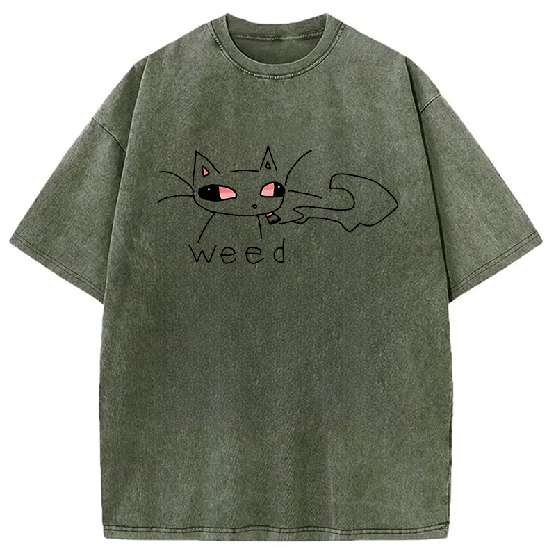 Modecanvas Smoking Weed Cat Meme DTG Printing Washed T-Shirt