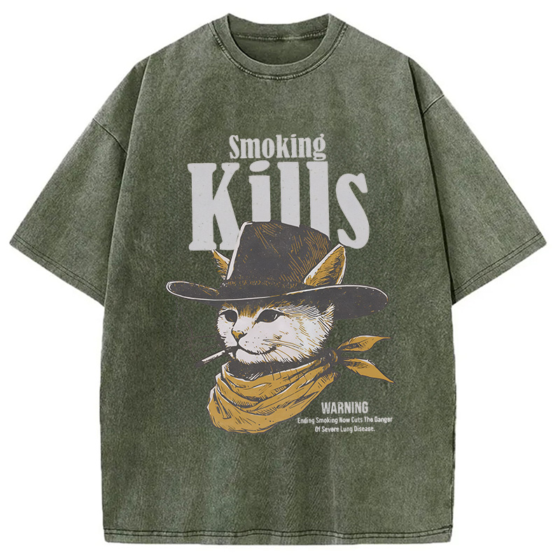 Modecanvas Funny Anti Smoking Cat DTG Printing Washed T-Shirt
