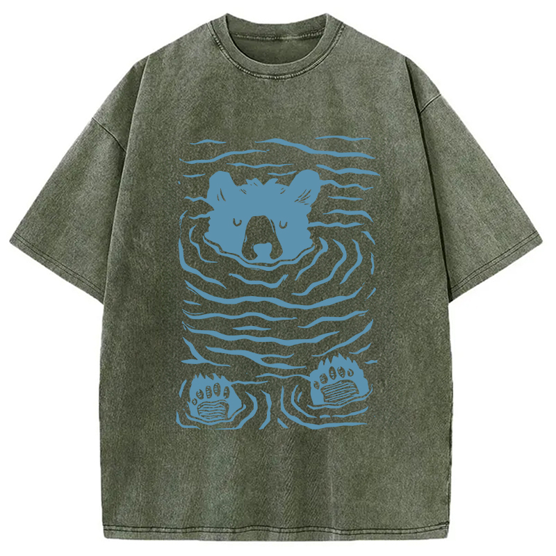 Modecanvas Minimalist Linocut Bear DTG Printing Washed T-Shirt