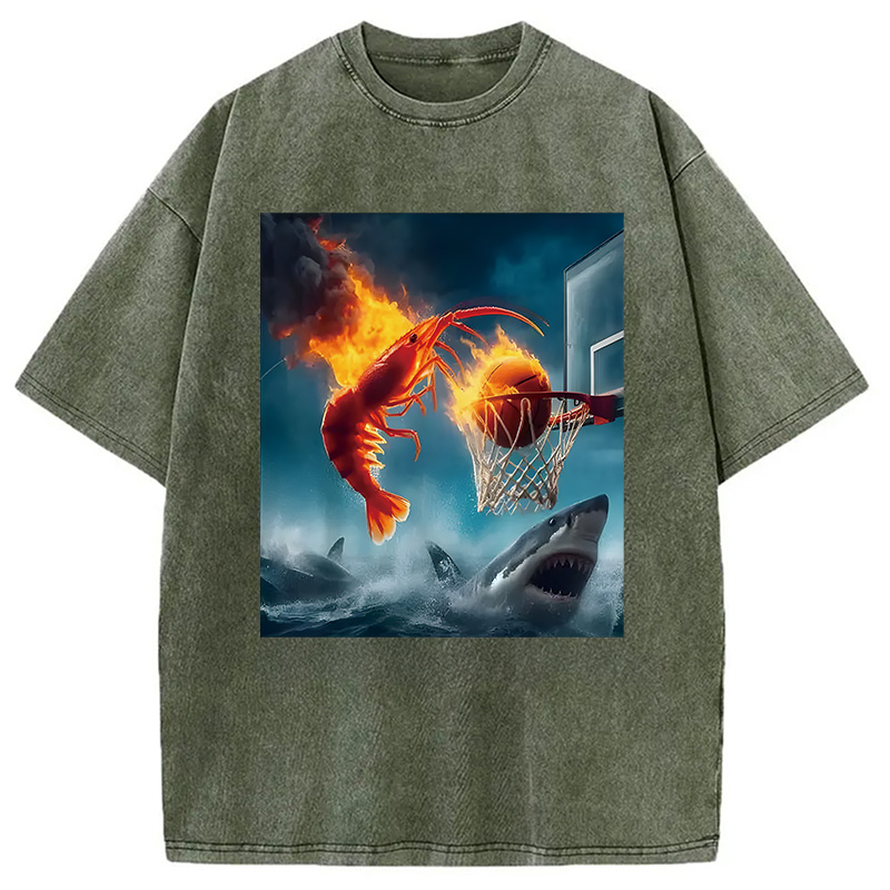 Modecanvas Shrimp Dunking on Shark Funny DTG Printing Washed T-Shirt