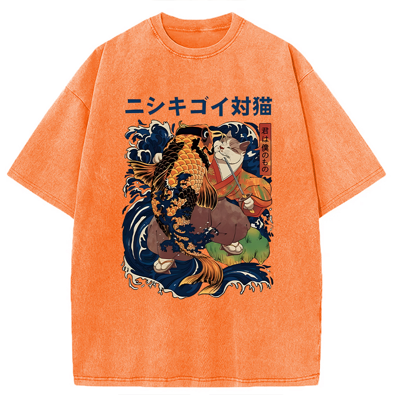 Modecanvas Harajuku Samurai Cat Koi Fish DTG Printing Washed T-Shirt