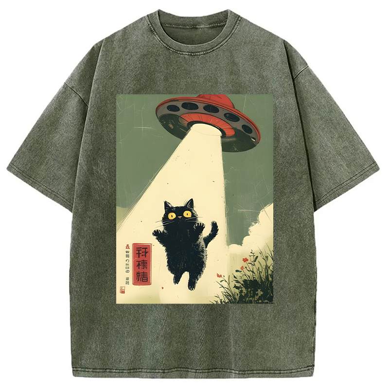 Modecanvas Vintage Japanese Alien Cat DTG Printing Washed T-Shirt