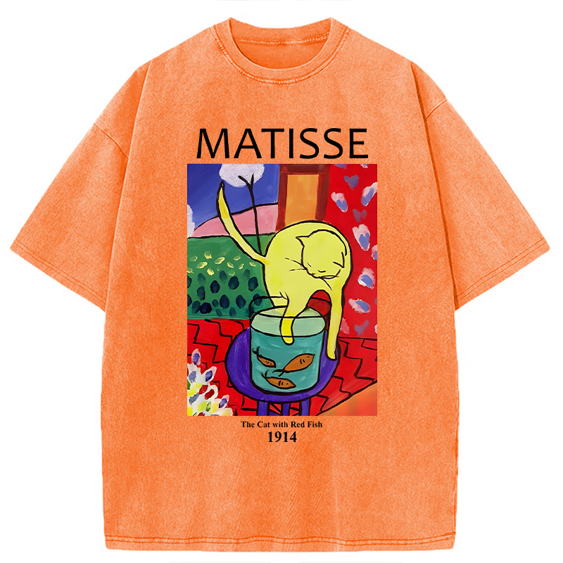 Modecanvas The Cat with Red Fish DTG Printing Washed T-Shirt