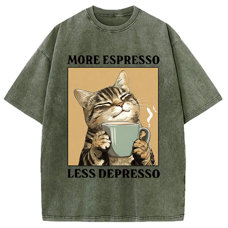 Modecanvas Cute Cat Drinking Coffee DTG Printing Washed T-Shirt