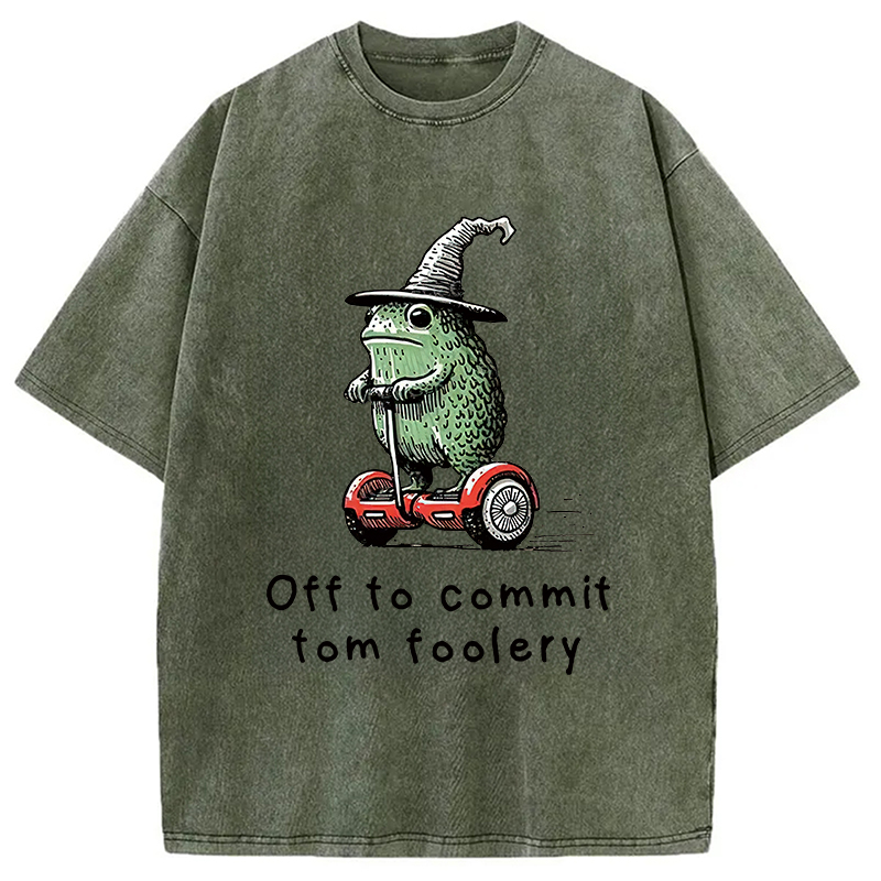 Modecanvas Frog Riding A Balance Scooter Washed T-Shirt-modecanvas