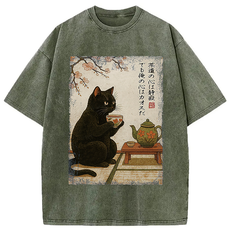 Modecanvas Tea Time With A Black Cat Washed T-Shirt-modecanvas