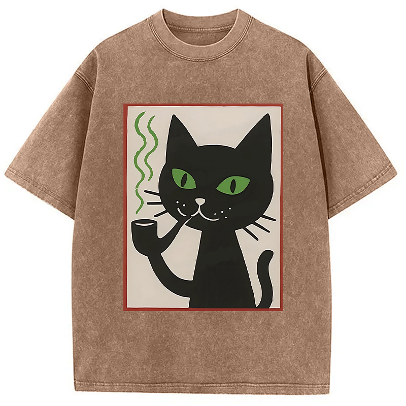 Modecanvas Black Cat Smoking Washed T-Shirt