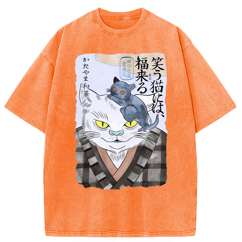 Modecanvas Japanese Vintage Cat DTG Printing Washed T-Shirt